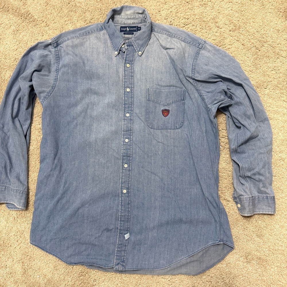 RALPH LAUREN VTG Denim Shirt Men's Blue Long Sleeve Vintage Polo XL 100% cotton